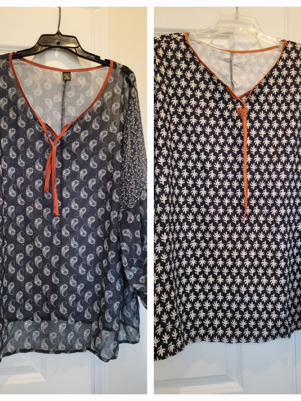 2 SHEIN Blouses-Lighweight Black & White Printed V-Neck Tunic with Orange Trim - Picture 1 of 11